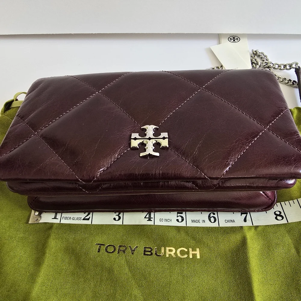 Tory Burch Kira Diamond Distressed Leather Chain Wallet Dark Carmine
